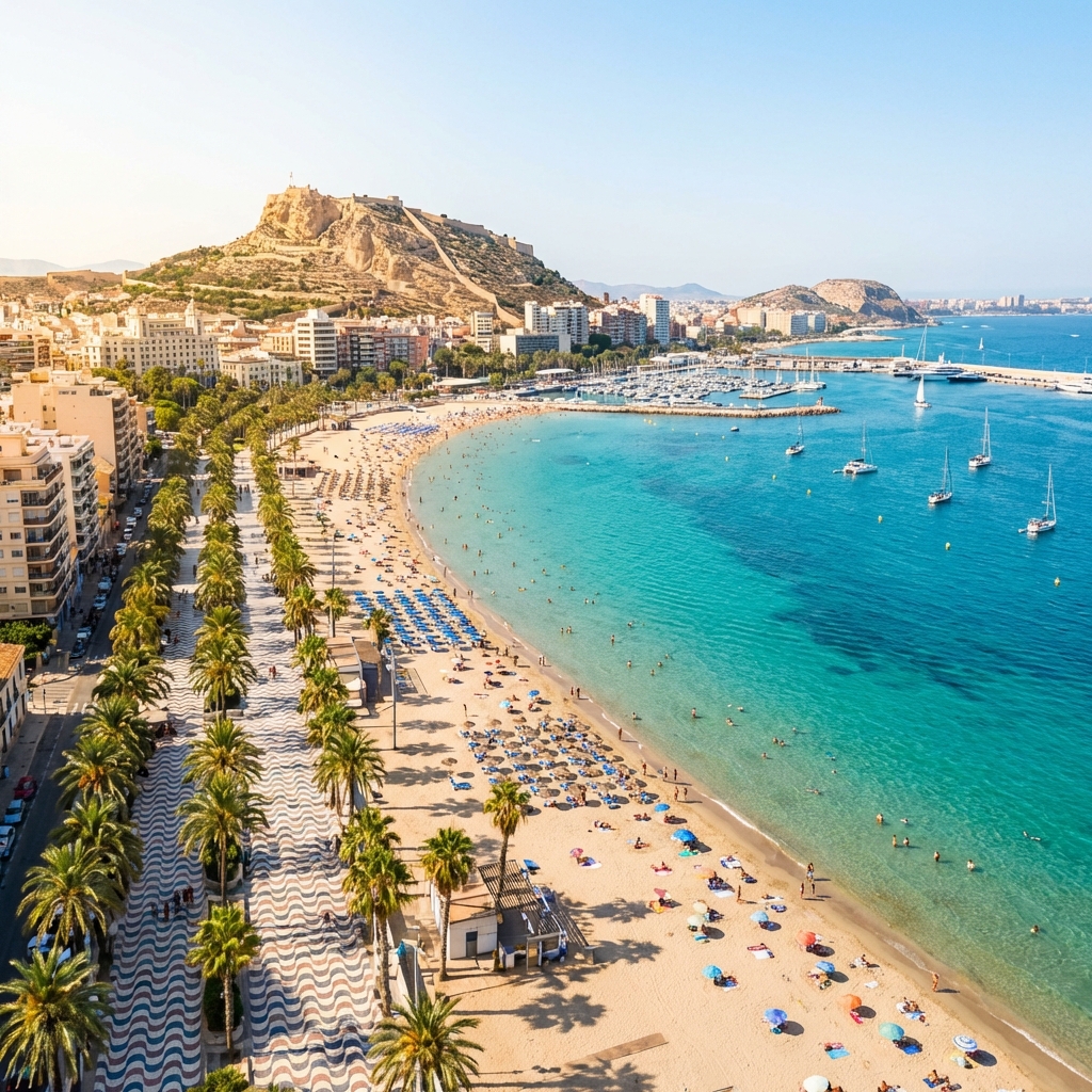 Alicante coastline with Postiguet Beach and Santa Barbara Castle