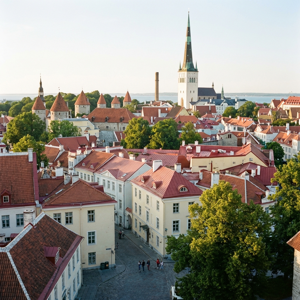 Tallinn Old Town with medieval red-roofed houses and church towers